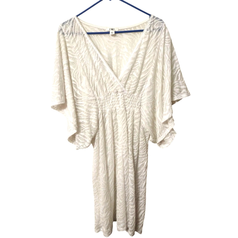 CATO'S Vintage Sheer White V-Neck Swimsuit Cover-Up Dress w Flutter Sleeves